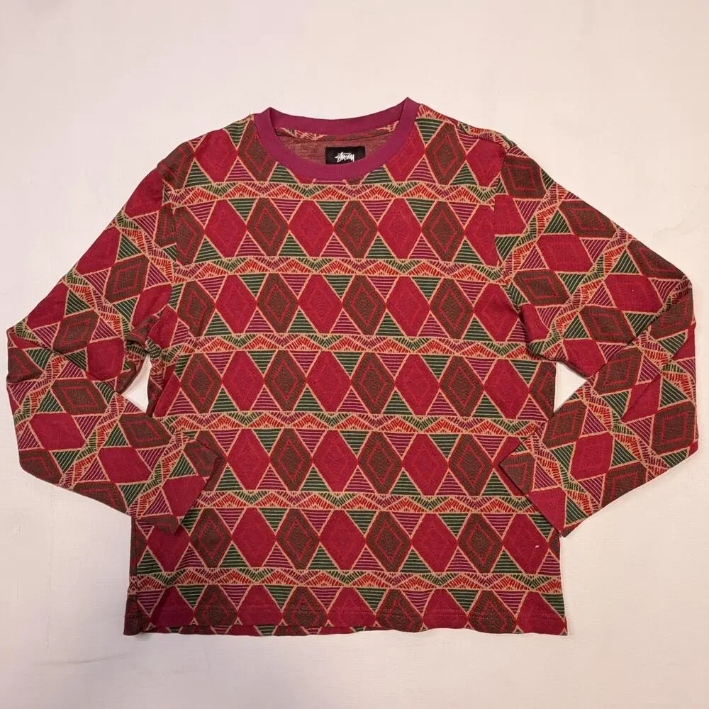 Stussy Sweater Mens Small Red Geometric Knit Crewneck Pullover Cotton Casual